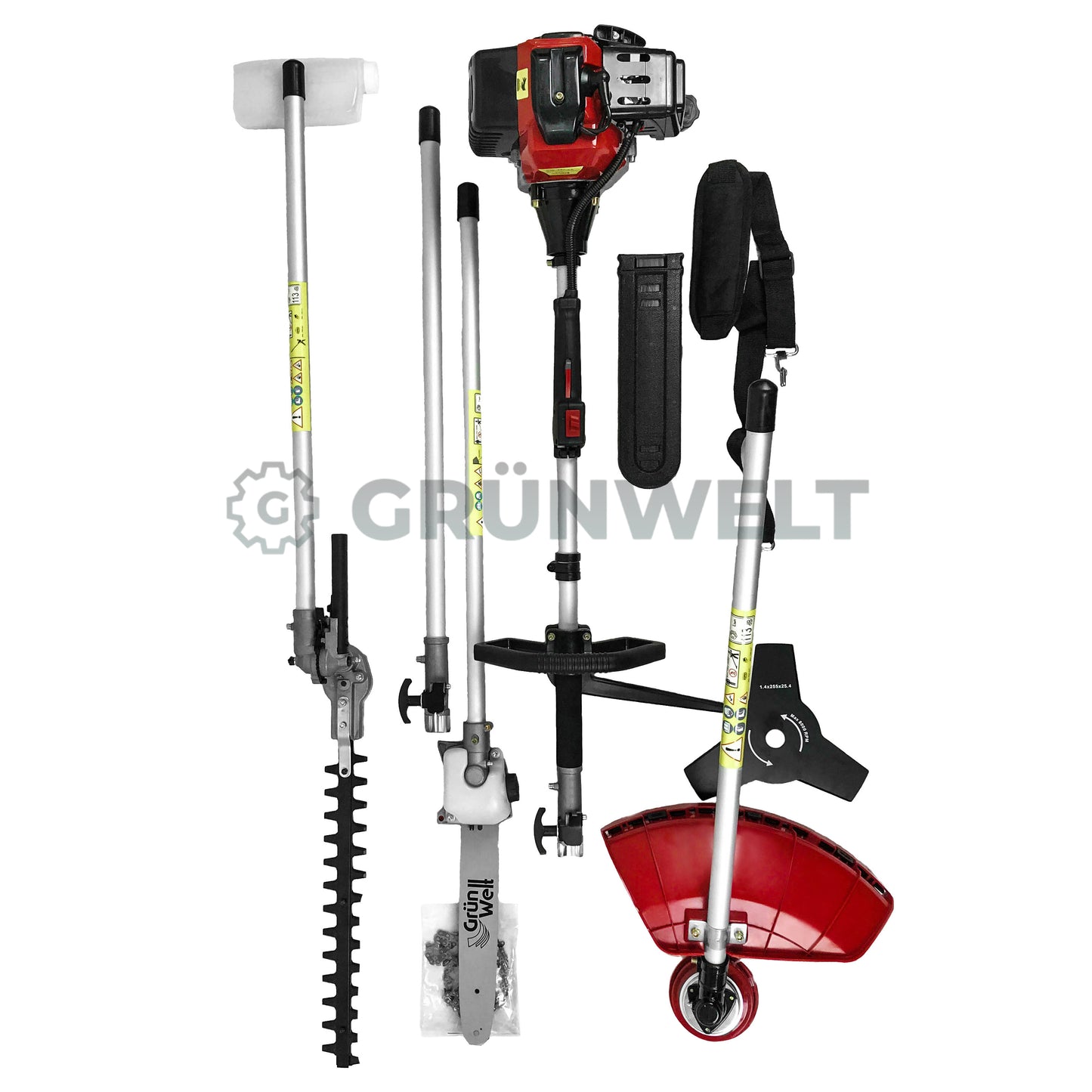 5in1 Motorsense Benzin Rasentrimmer Freischneider Hochentaster Heckenschere Multitool Grünwelt GW-44F-5A